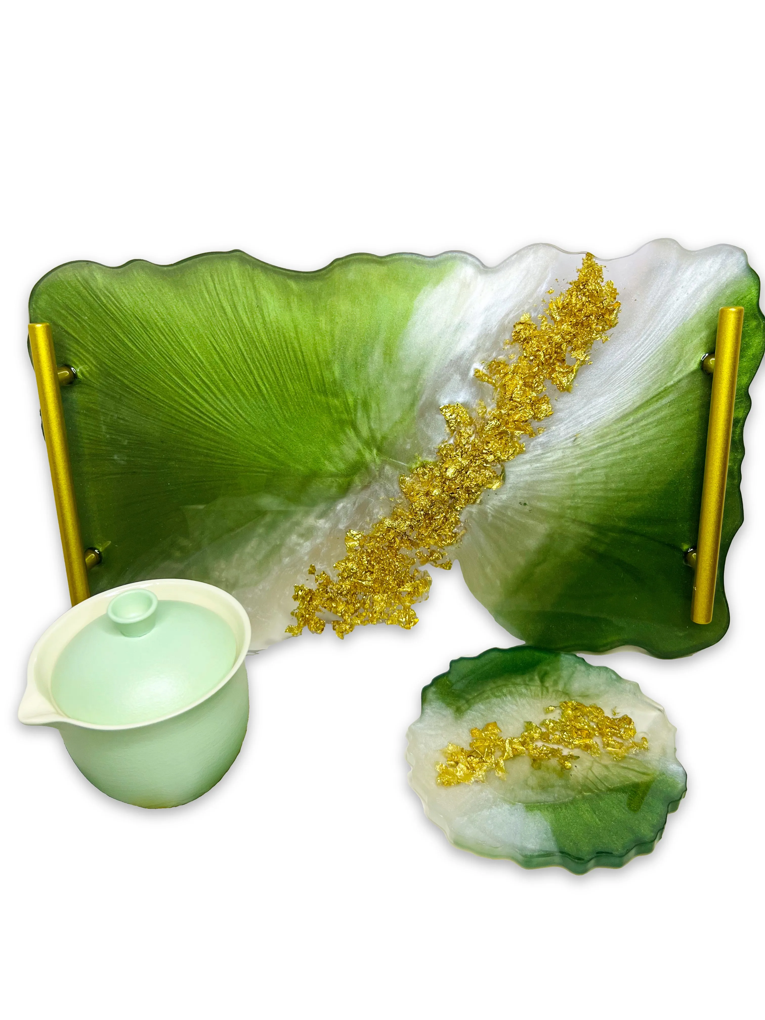 Jade green resin serving tray with gold flake and gold handles, handmade by Jeostyle